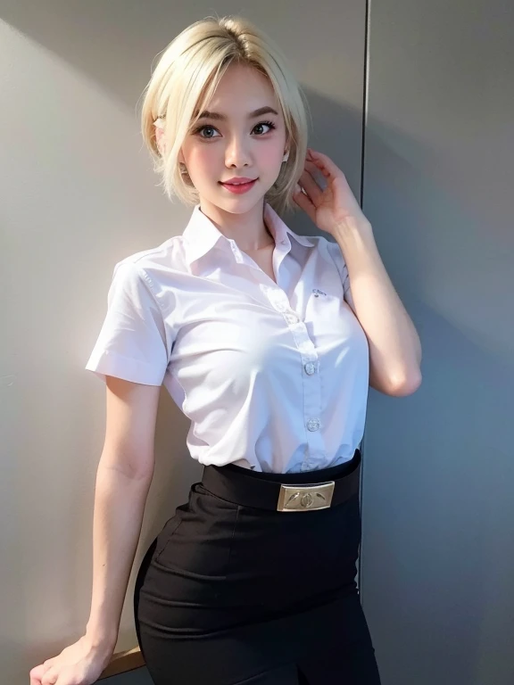 Pretty thai woman blonde short hair , (8k, best quality, masterpiece, ultra highres:1.2) Photo of Pretty thai woman beautiful, beautiful enchanting fashion contemporary painting with , (1girl), (white shirt short sleeves), ((black pencil skirt)), belt , blonde hair , realistic skin texture , round chin, 85 mm art lens, f 1. 2, sharp focus, 8 k high definition, insanely detailed, intricate, elegant, large breasts, big breasts , black skirt