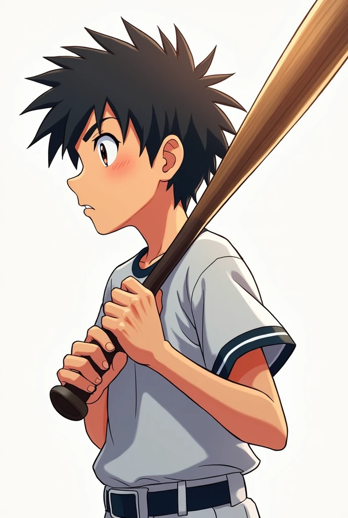 Profile of a boy holding a bat。Side view illustration。Bat high、Hold it next to your face。Hold the bat to the side。Fly Higher。Japanese anime-style illustrations。The face is turned to the side、The body is facing forward。