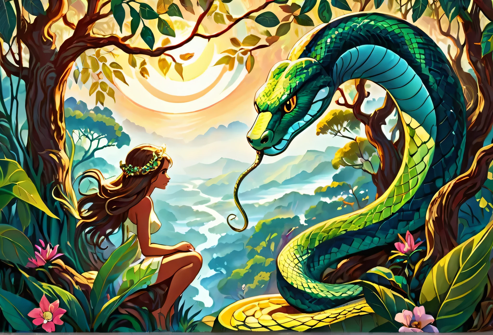  bible story, snake serpent on the forbidden tree, looking at Eve. In paradise 
 (masterpiece best quality:1.2) delicate illustration ultra-detailed, illustrations, bright, colourful, 