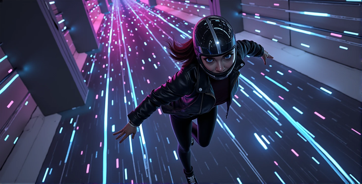 Female ice skater,Wearing a black leather jacket,A futuristic helmet,Glide along the ground