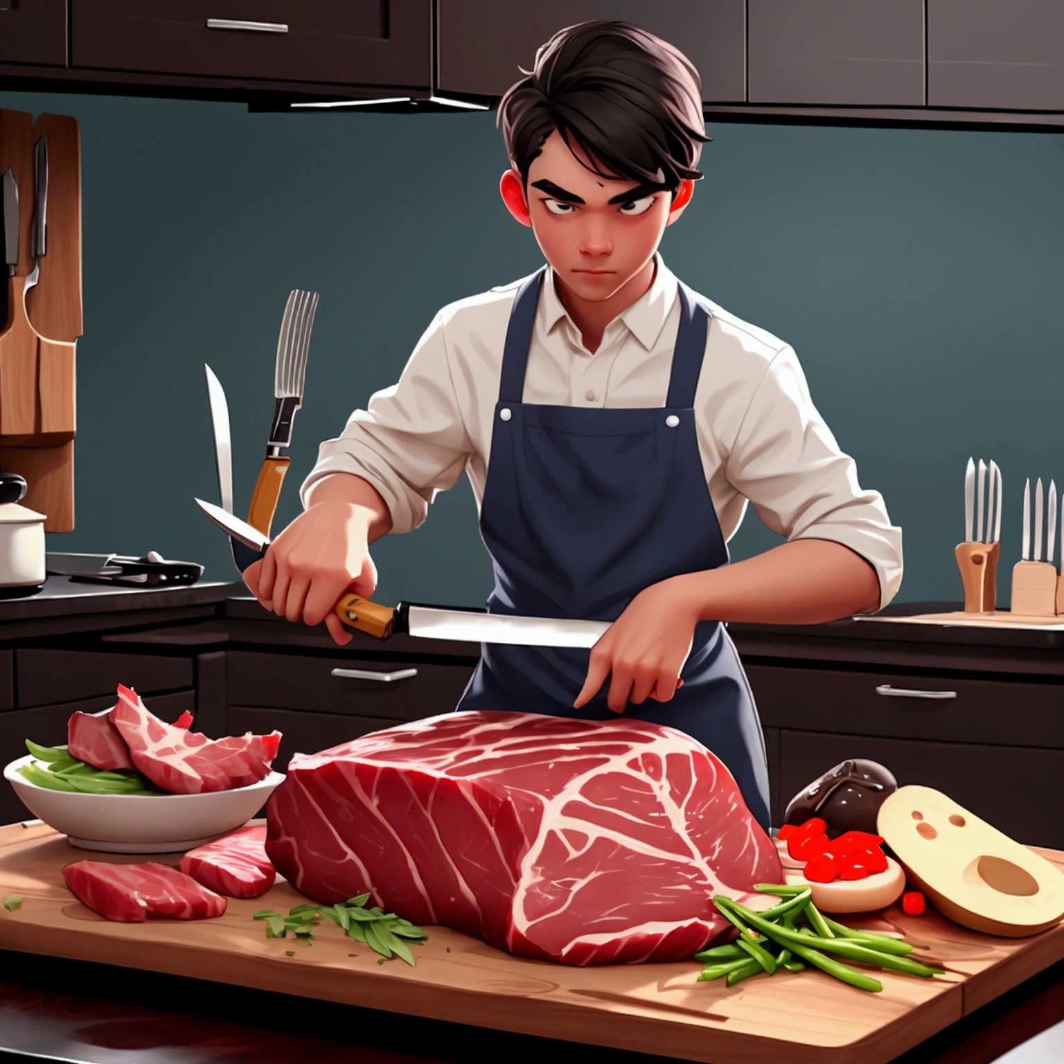 cutting board,knife,food,kitchen knife,male focus,solo,holding knife,meat,holding,1boy,steak,(Food close-ups:1.1),