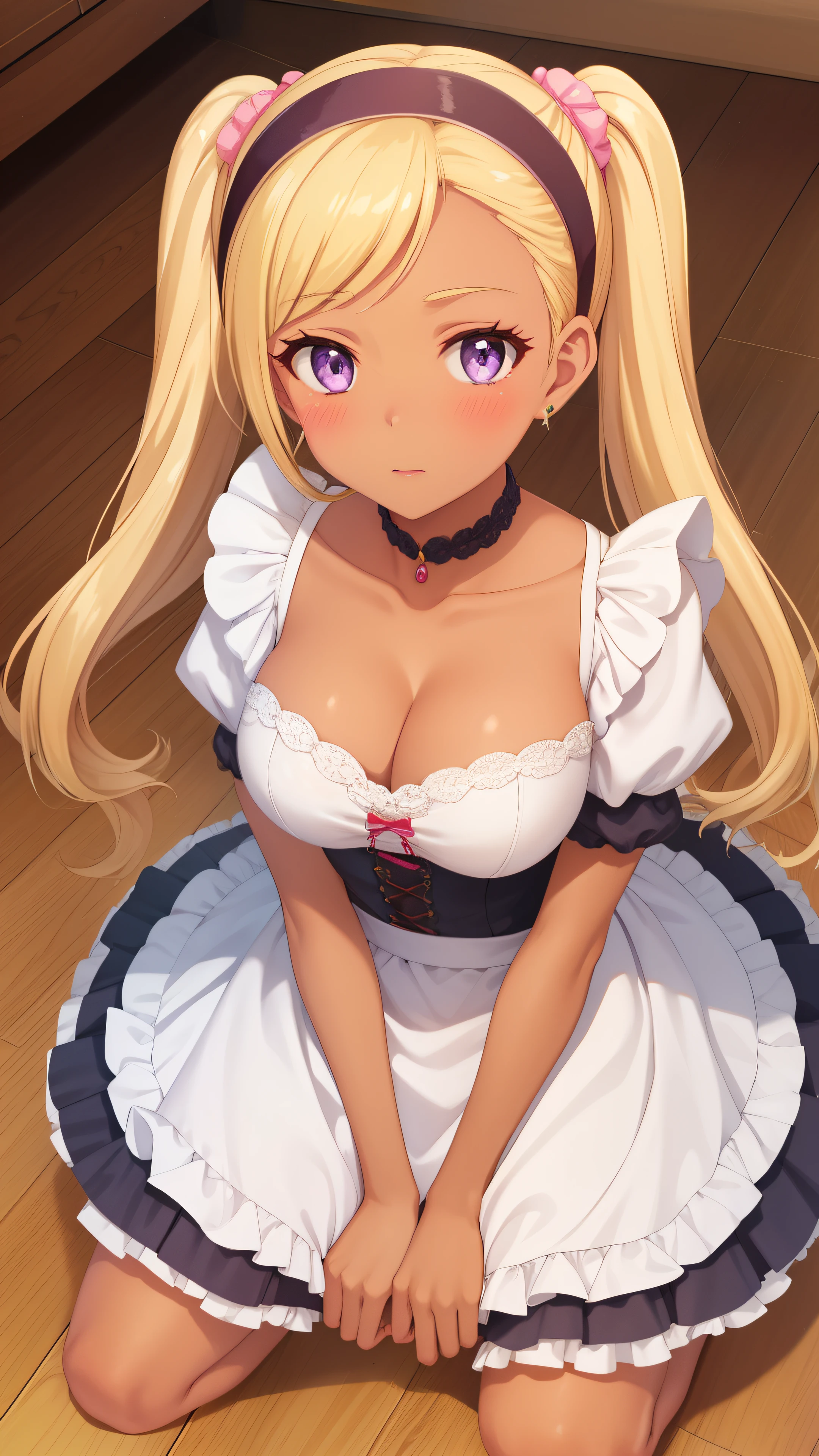 Kittery Refaeli, Long Hair, Blonde, Twin tails, Purple eyes, hair band, Dark Skin, Dark skinned girl, jewelry, Earrings, One girl, alone, masterpiece, figure, Game CG, Absurd, Very detailed, blush, Kneel, Wooden floor, maid, Short puff sleeves, Cleavage, Looking up at the viewer, From above