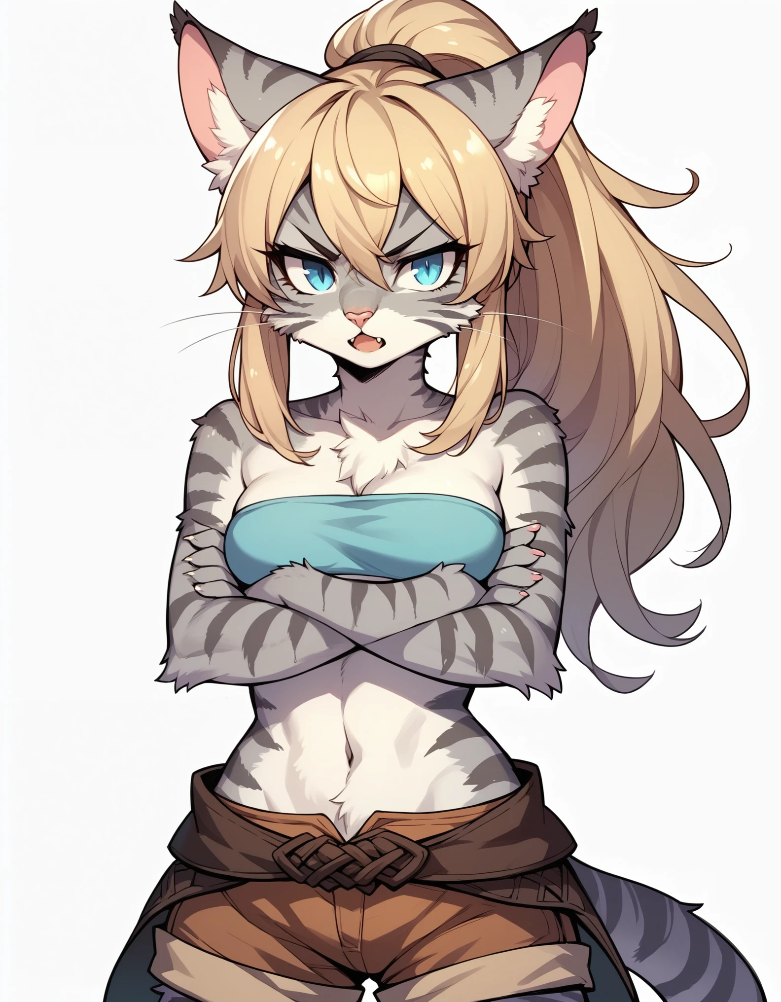 score_9,score_8_up,score_7_up, score_6_up, score_5_up, source_anime, kemono style, Kat, female Anthro furry feline, silver fur, grey stripes on body, blue eyes, long blonde hair, hair in a ponytail, pink nose, :3, she is wearing blue bandeau, brown short shorts, brown boots, arms crossed, annoyed expression, mouth open, standing, full body shot, front view, white background