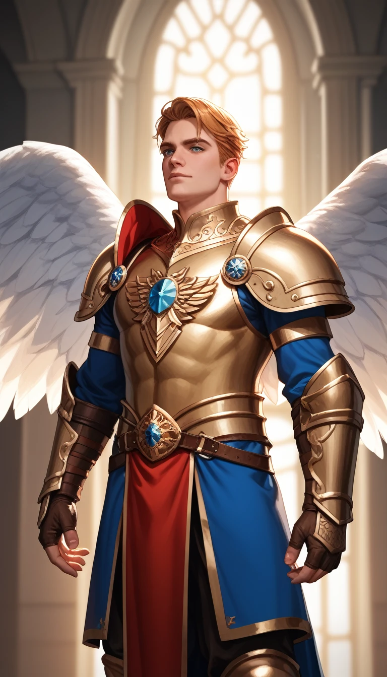 dungeons and dragons, character design, best quality, masterpiece, extremely detailed, 30 year old, masculine, celestial being, male aasimar, short middle parting hair, protector paladin, massive angel wings, ornate heavy plate armor, flowy tabard, majestic word, majestic shield, soft lighting, dreamy atmosphere, perfect face, perfect hands, perfection