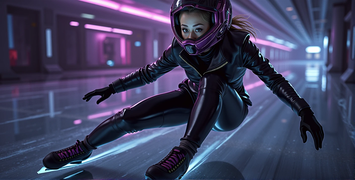 Female ice skater，Wearing a black leather jacket，A futuristic helmet，Glide along the ground，individual，Hyperrealism，Wallpaper quality，Photography style