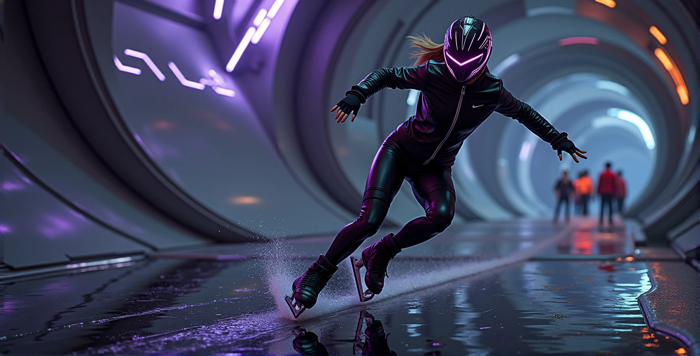 Female ice skater,Wearing a black leather jacket,A futuristic helmet,Glide along the ground,individual,Hyperrealism,Wallpaper quality,Photography style