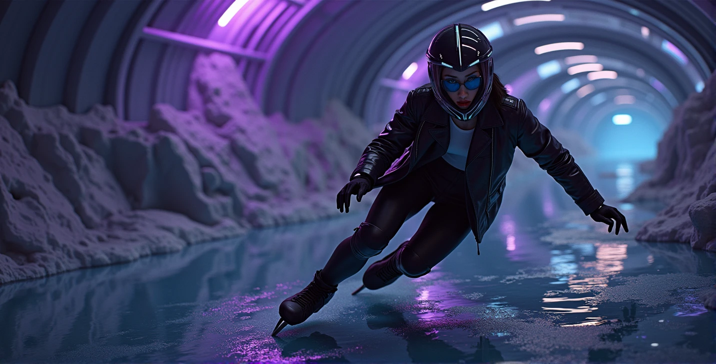Female ice skater,Wearing a black leather jacket,A futuristic helmet,Glide along the ground,individual,Hyperrealism,Wallpaper quality,Photography style