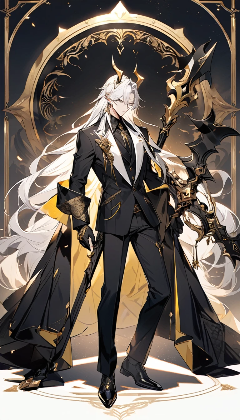 Handsome, solo, 1 male, long hair, white hair, yelow eye, wearing a black shirt, black and white suit, and black dress shoes, with two golden horns, standing while holding a black halberd.