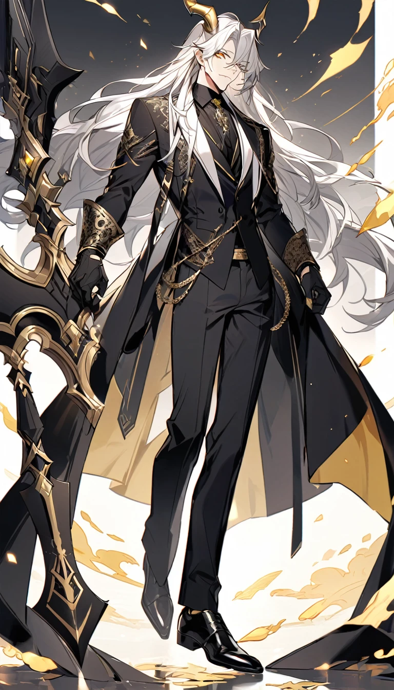 Handsome, solo, 1 male, long hair, white hair, yelow eye, wearing a black shirt, black and white suit, and black dress shoes, with two golden horns, standing while holding a black halberd.