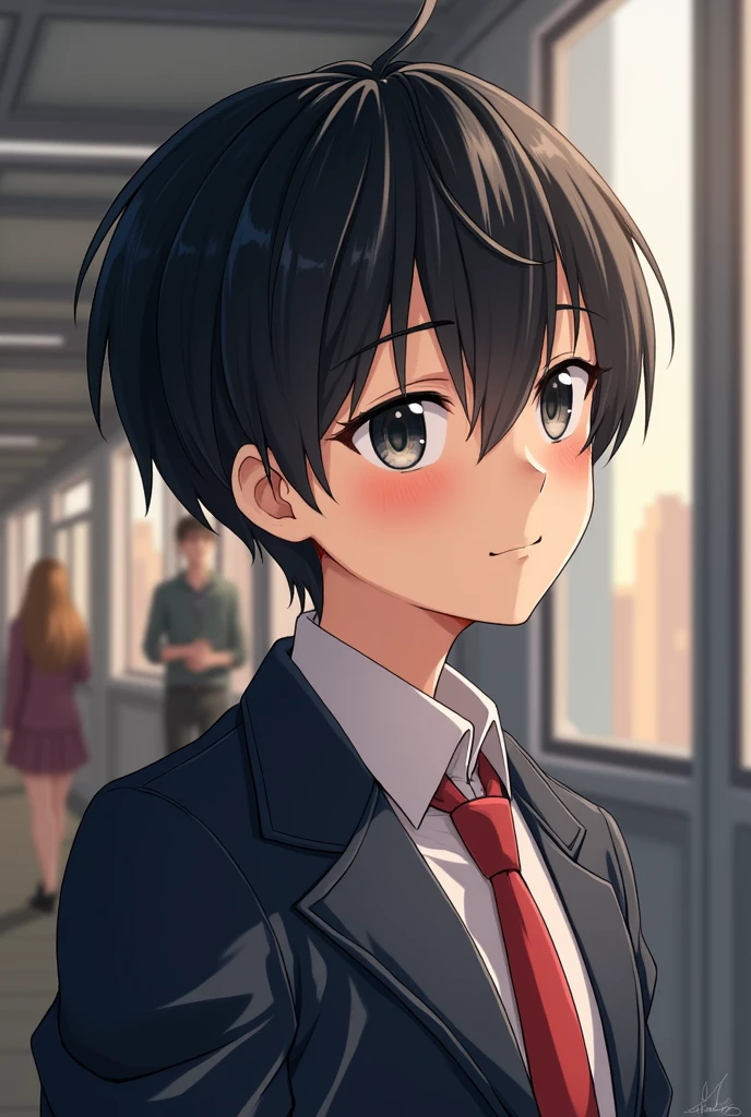 The boy has black hair, short hair, and is a student