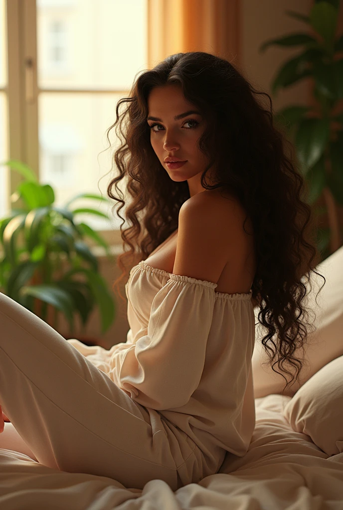 (photorealism:1.2), beautiful woman, sitting on bed, wearing loose off-shoulder top, pajama pants, long curly hair, big boobs, indoors, soft lighting, plants in background, window with sunlight, cozy room, relaxed pose, realistic, intricate details, warm colors