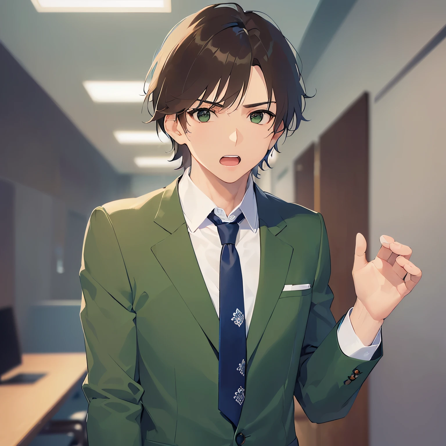 looking back, upper body、 masterpiece、Highest quality、(25-year-old male:1.5) and (Brown short hair) and (green eyes), BREAK (suit:1.5) and (Blue tie) BREAK 立っている、surprised、open mouth, The background is the conference room、alone、Upper body is shown