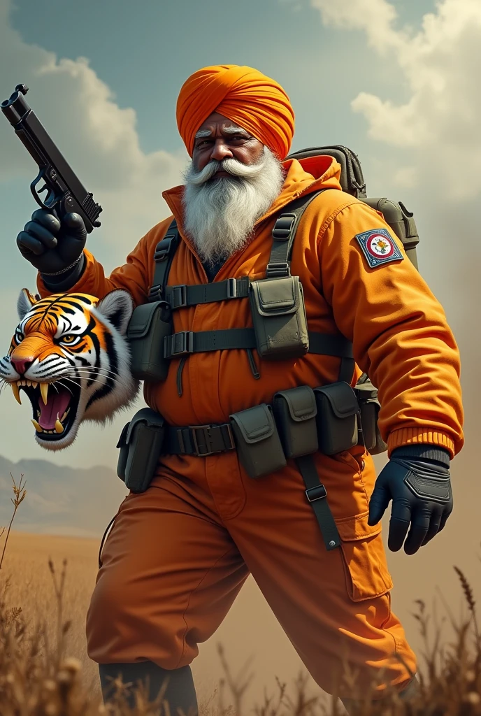 (a dark-skinned fat muscular sikh old man in orange pilot suit) carrying a gun in right hand, (carrying realistic roaring tiger mask in left hand), dynamic action pose, fierce expression, showcasing an imposing stature, surrounded by military elements, dramatic shadows and intense highlights, cinematic color tones, high detail, powerful, art influenced by Bruce Onobrakpeya and Stanley Artgerm, ultra-detailed, best quality image, action-packed atmosphere. fighting stance. field background