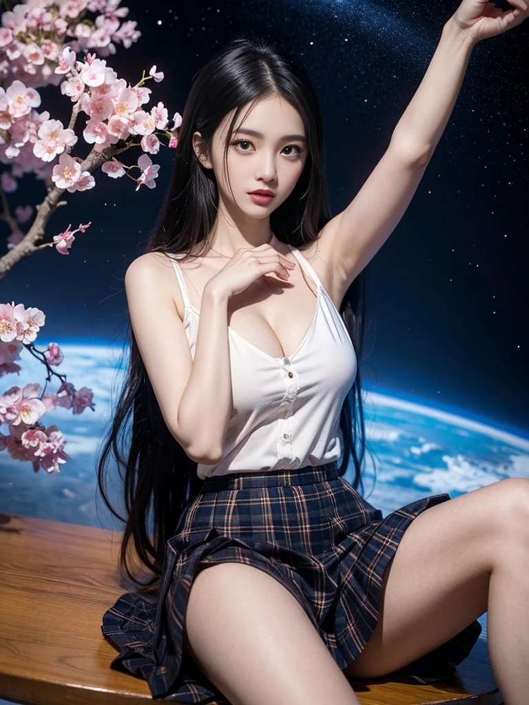 jk suit plaid skirt pleated skirt shirt bowtie beautiful dance dynamics, Sitting，Long legs , ((Flowing long hair))Official Art , Unity8k Wallpaper , Extremely detailed , Visible cleavage, Pretty and beautiful , ???? long legs, masterpiece , best quality ,Practical, Very detailed illustrations ,Extremely detailed , Intricate details , Extremely complex and detailed , Very detailed 8KCG wallpaper , Caustics .reflection , Ray Tracing , Devil Theme ,nebula ,Dark aura, Network Effects , (1 Girl)Solitary , 小蓝Butterfly , Dozens of monarch butterflies around , (Blue plasma flame , (insect , Butterfly)) 圣光Butterfly天使 , Butterfly翅膀 , Pastel tones in Rococo style ,Light white and light dark red , Incredibly beautiful , Cherry blossoms , Surrealism ,painting , Ethereal , Mixing reality and fantasy elements ,Ray Tracing , Complex patterns , Delicate lines , Perfect your hands, Starry Sky , rich and colorful , Star