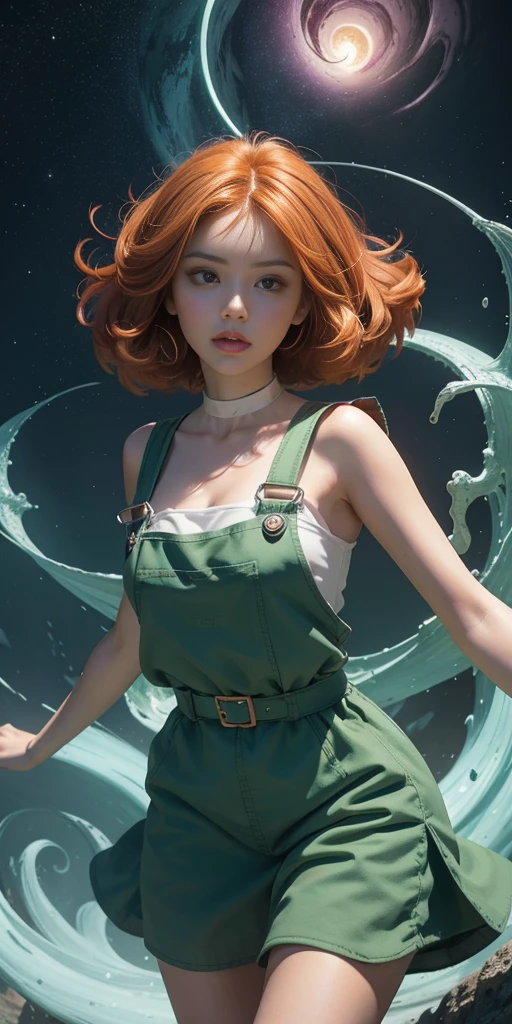 concept art, overhead angle of a Will-o'-the-wisp, wearing Funny Somali Emerald deep orange Pinafore, Caramel hair styled as Short hair, fluorescent purple Hair tie, equirectangular 360, Highres,  [(art by Willi Baumeister:1.1), (art by John T. Biggers:1.2)::17], official art, unity 8k wallpaper, ultra detailed, aesthetic, masterpiece, best quality, photorealistic