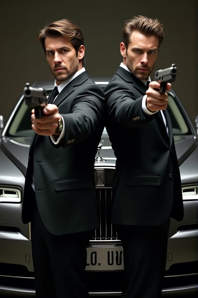 Make a photo in which two fit guys are standing in professional black suit and holding guns in hands with a background of a rolls Royce and little beard hair style upwards and looking straight