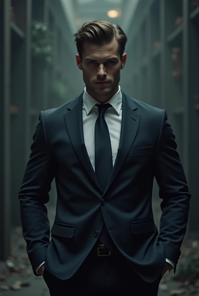 a powerful young man in a suit and tie, 20 years old, muscular build, protagonist, dark gloomy atmosphere, open environment, cinematic lighting, highly detailed, photorealistic, 8k, HDR, studio lighting, dramatic shadows, sharp focus, cinematic composition