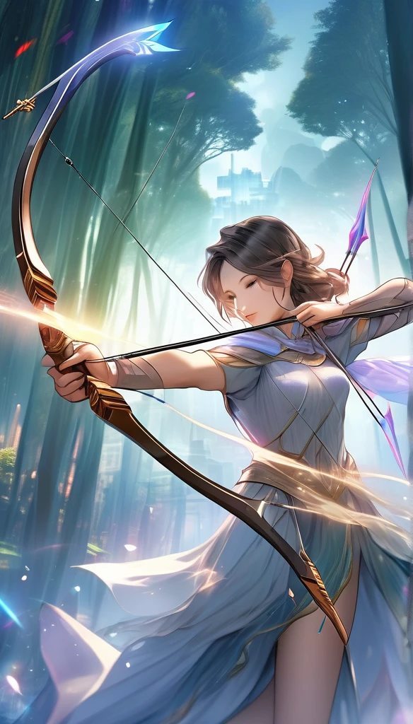 best quality, super fine, 16k, 2.5D, delicate and dynamic depiction, beautiful game character archer shoots with sacred bow and arrow, transparent and translucent and iridescent barrier creating crack, game production effects, the mysterious background of forest and city coexistence, fantasy world, prime lenses, lens filters, clear subject
