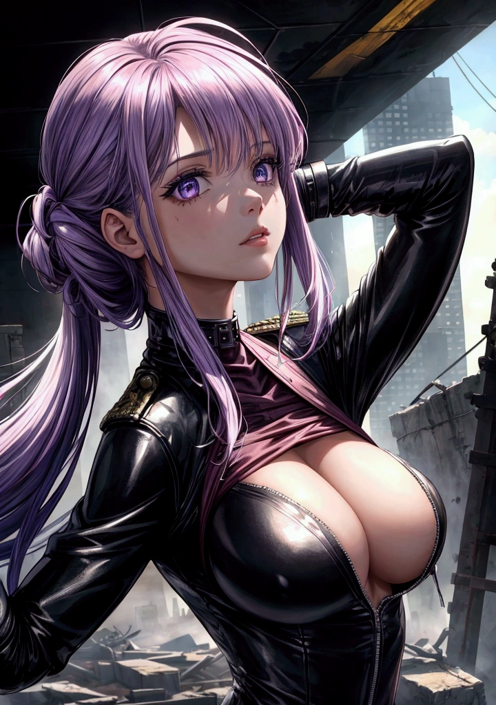 A beautiful girl with purple hair, straight hair length to her shoulders, wearing a combat uniform with shoulder pads in a biker jacket style, standing in a post-apocalyptic ruined city background, saluting fallen comrades, (best quality,4k,8k,highres,masterpiece:1.2),ultra-detailed,(realistic,photorealistic,photo-realistic:1.37),1girl,extremely detailed beautiful face,beautiful detailed eyes,beautiful detailed lips,longeyelashes,military uniform,shoulder pads,post-apocalyptic,cityscape,ruins,salute,somber,dramatic lighting,muted colors,cinematic