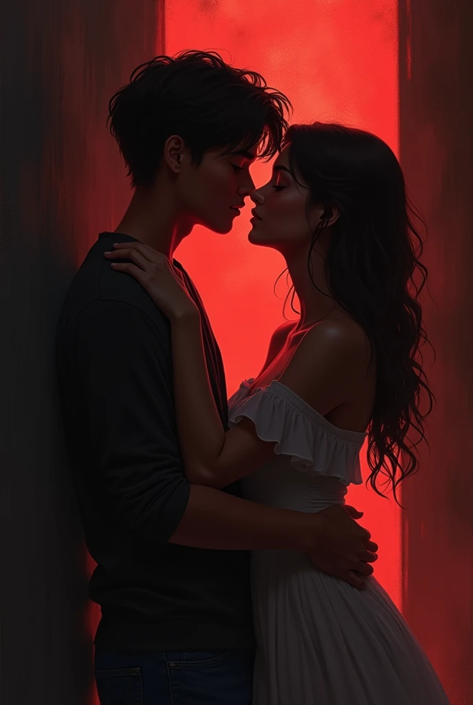 Animated painting of a couple of teenagers embracing and almost kissing passionately. Dimly lit or dark environments with little light shining on them create a mysterious and passionate feel. Dark red and black shades.