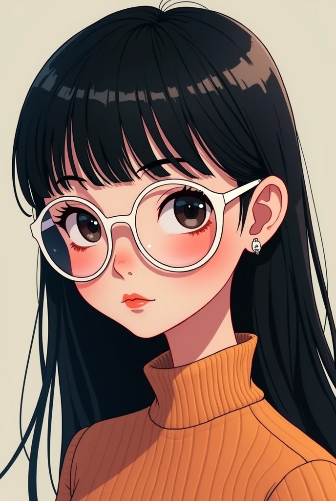 Disney Pixar girl with straight black hair and bangs, slanted eyes, She wears white glasses, a flat nose, a nose piercing, and tattooed eyelashes.