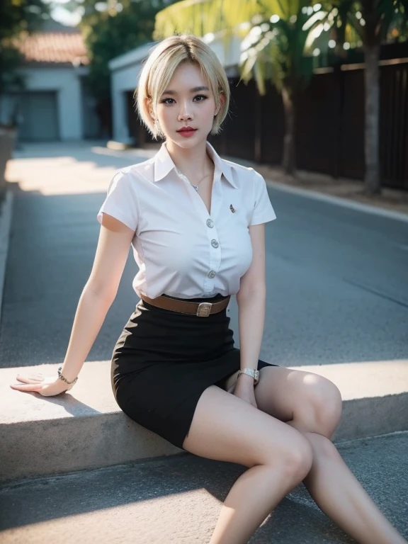 Pretty thai woman blonde short hair , (8k, best quality, masterpiece, ultra highres:1.2) Photo of Pretty thai woman beautiful, beautiful enchanting fashion contemporary painting with , (1girl), (white shirt short sleeves), ((black pencil skirt)), belt , blonde hair , realistic skin texture , round chin, 85 mm art lens, f 1. 2, sharp focus, 8 k high definition, insanely detailed, intricate, elegant, large breasts, big breasts , black skirt