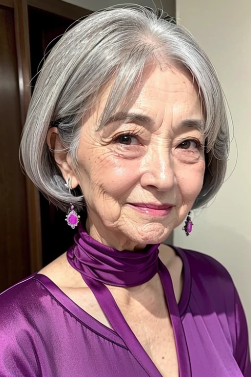 80 years oldのおばあさん、80 years old、Mouth wrinkles、Gray Hair、Thinning hair、There are so many wrinkles、Magenta Outfit、whole body、The waist is bent、Mole at the corner of the mouth,