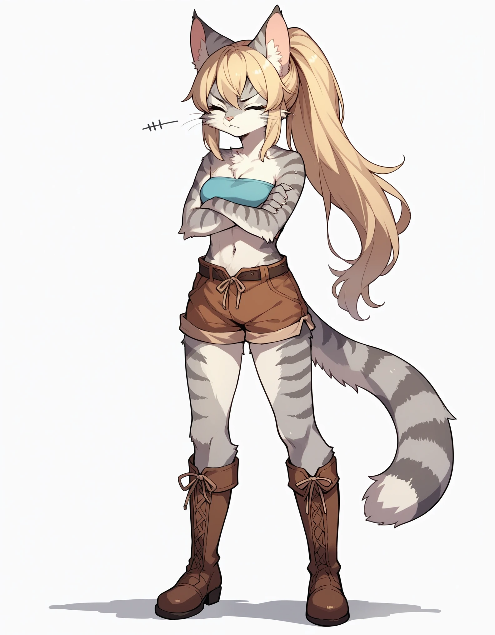 score_9,score_8_up,score_7_up, score_6_up, score_5_up, source_anime, kemono style, Kat, female Anthro furry feline, silver fur, grey stripes on body, closed eyes, long blonde hair, hair in a ponytail, pink nose, :3, she is wearing blue bandeau, brown short shorts, brown boots, arms crossed, annoyed expression, pouting, head facing away, head turned away,  standing, (full body shot):1.3, front view, white background 