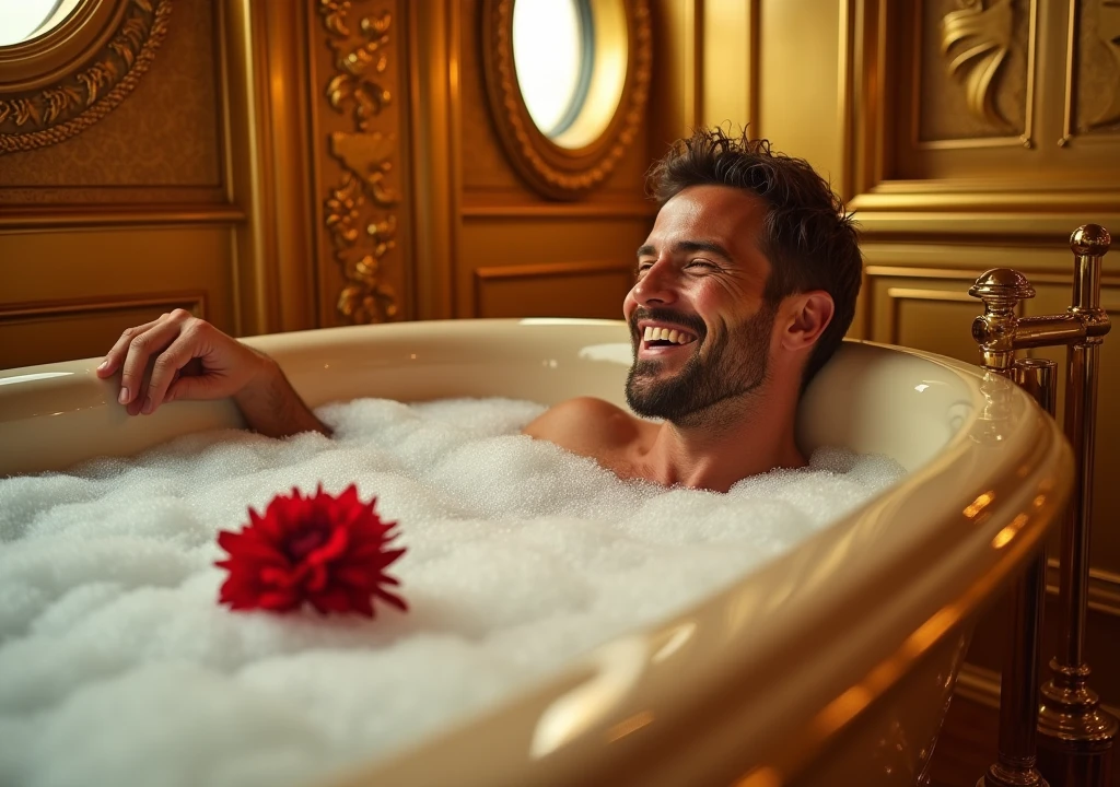 Create an image of a man relaxing in a luxurious bathtub inside the interior of a golden ship, with the man positioned close to the camera. The ship’s interior should be opulent, featuring gleaming gold walls and intricate carvings. The bathtub should be elegant, possibly with golden accents, and filled with bubbles or water. A single red flower should float gently on the surface of the water, adding a pop of color. The man should be seen up close, with a relaxed and content expression, enjoying the lavish surroundings. Soft, warm lighting should accentuate the richness of the gold, creating a serene and indulgent atmosphere. Include subtle nautical elements in the background, such as a porthole with a view of the ocean, to emphasize that the scene is inside a grand, golden ship." flower his hand showing up from tub and looking to front of camera with laughing mood