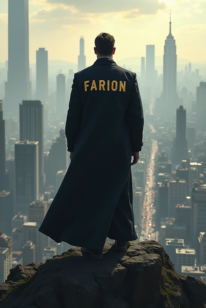 A man is standing on the city hill and on his clothes is written Farion