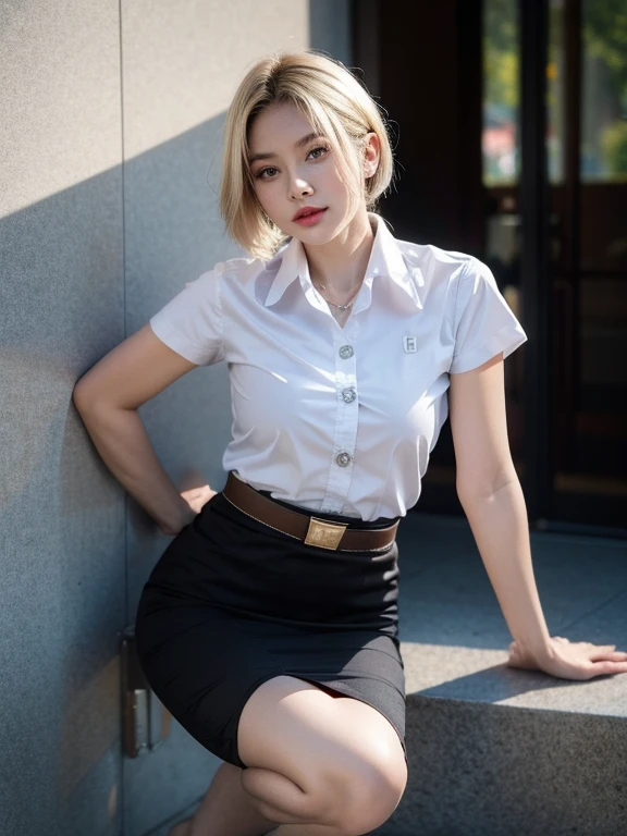 Pretty thai woman blonde short hair , (8k, best quality, masterpiece, ultra highres:1.2) Photo of Pretty thai woman beautiful, beautiful enchanting fashion contemporary painting with , (1girl), (white shirt short sleeves), ((black pencil skirt)), belt , blonde hair , realistic skin texture , round chin, 85 mm art lens, f 1. 2, sharp focus, 8 k high definition, insanely detailed, intricate, elegant, large breasts, big breasts , black skirt