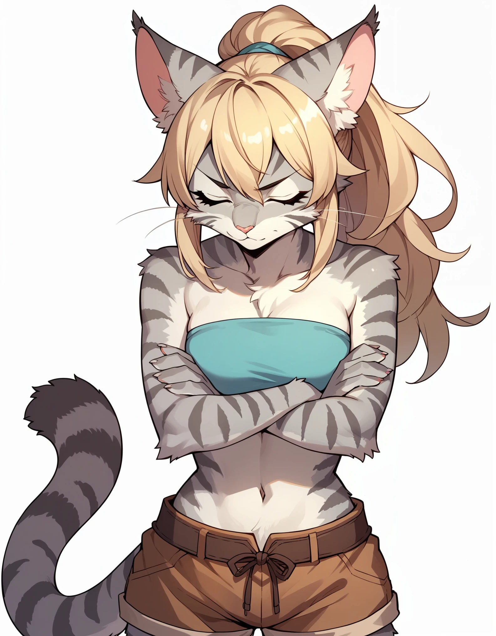 score_9,score_8_up,score_7_up, score_6_up, score_5_up, source_anime, kemono style, Kat, female Anthro furry feline, silver fur, grey stripes on body, closed eyes, long blonde hair, hair in a ponytail, pink nose, :3, she is wearing blue bandeau, brown short shorts, brown boots, arms crossed, annoyed expression, pouting, head facing away, head turned away, standing, (full body shot):1.3, front view, white background