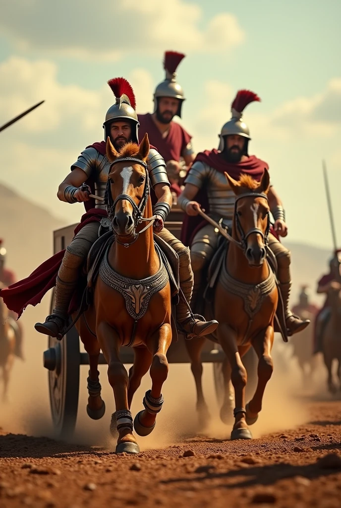 Top quality, high resolution, Roman chariot battle chariot used in ancient warfare, running around in battle, glossy, sharp focus, photo,