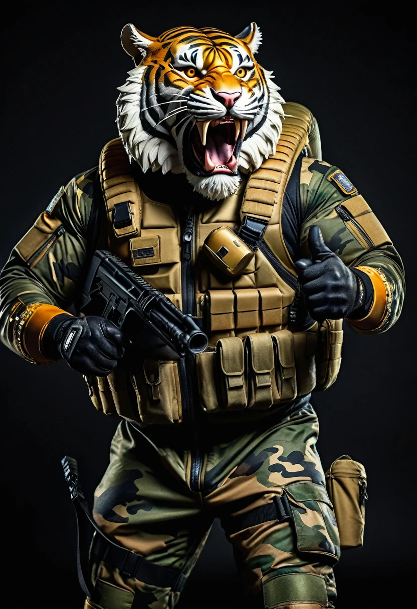 (a dark-skinned bearded fat muscular old man in a bulky army camouflage zipper diver suit) carrying a gun, (wearing realistic roaring tiger mask), dynamic action pose, fierce expression, showcasing an imposing stature, surrounded by military elements, dramatic shadows and intense highlights, cinematic color tones, high detail, powerful, art influenced by Bruce Onobrakpeya and Stanley Artgerm, ultra-detailed, best quality image, action-packed atmosphere. thumbs up pose