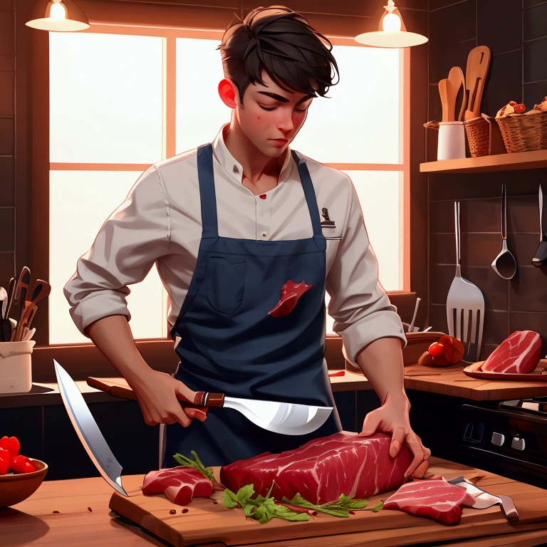 cutting board,knife,food,kitchen knife,male focus,solo,holding knife,meat,holding,1boy,steak,(Food close-ups:1.1),