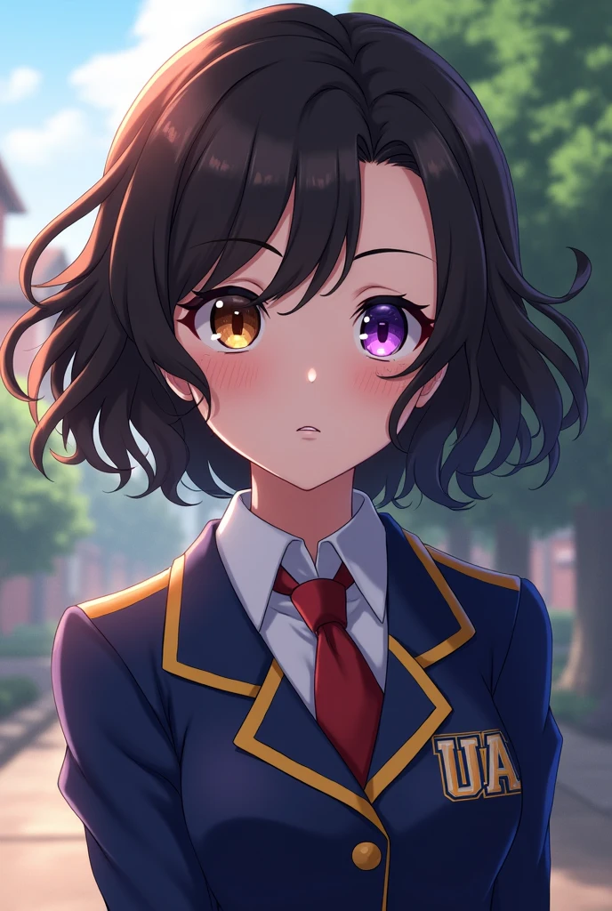 A girl with medium wavy dark brown hair, one brown eye and one purple eye, moles on the face, with the UA uniform in the style of Horikoshi's Boku no Hero Academia