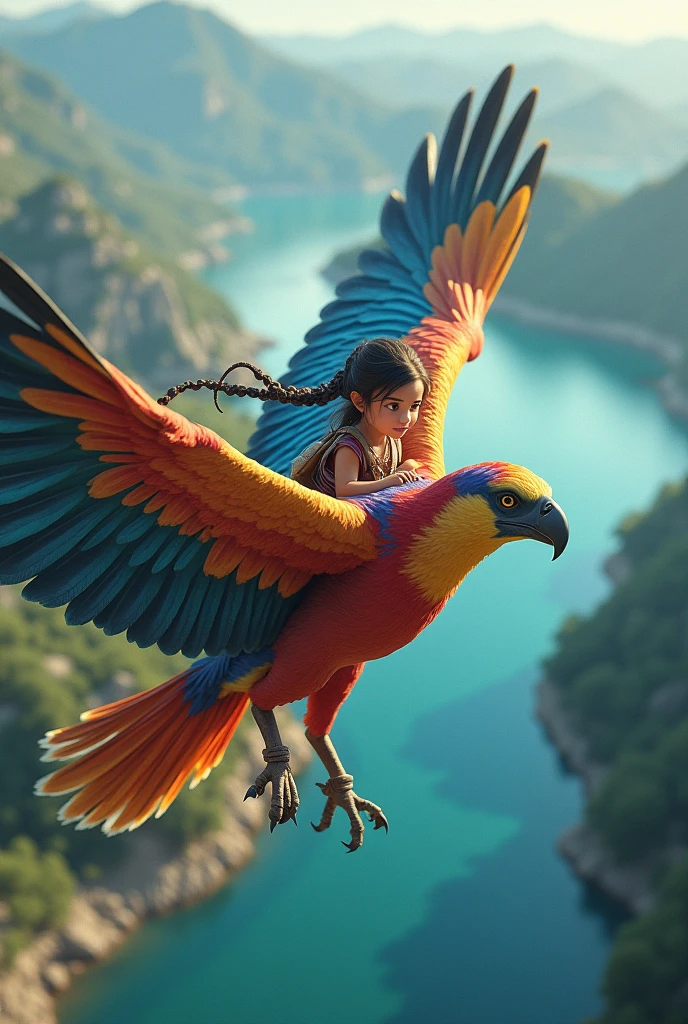 Beautiful multi-colored Condor ridden by its guide, a 9-year-old girl with big eyes and long braided hair, They fly over a vast river 