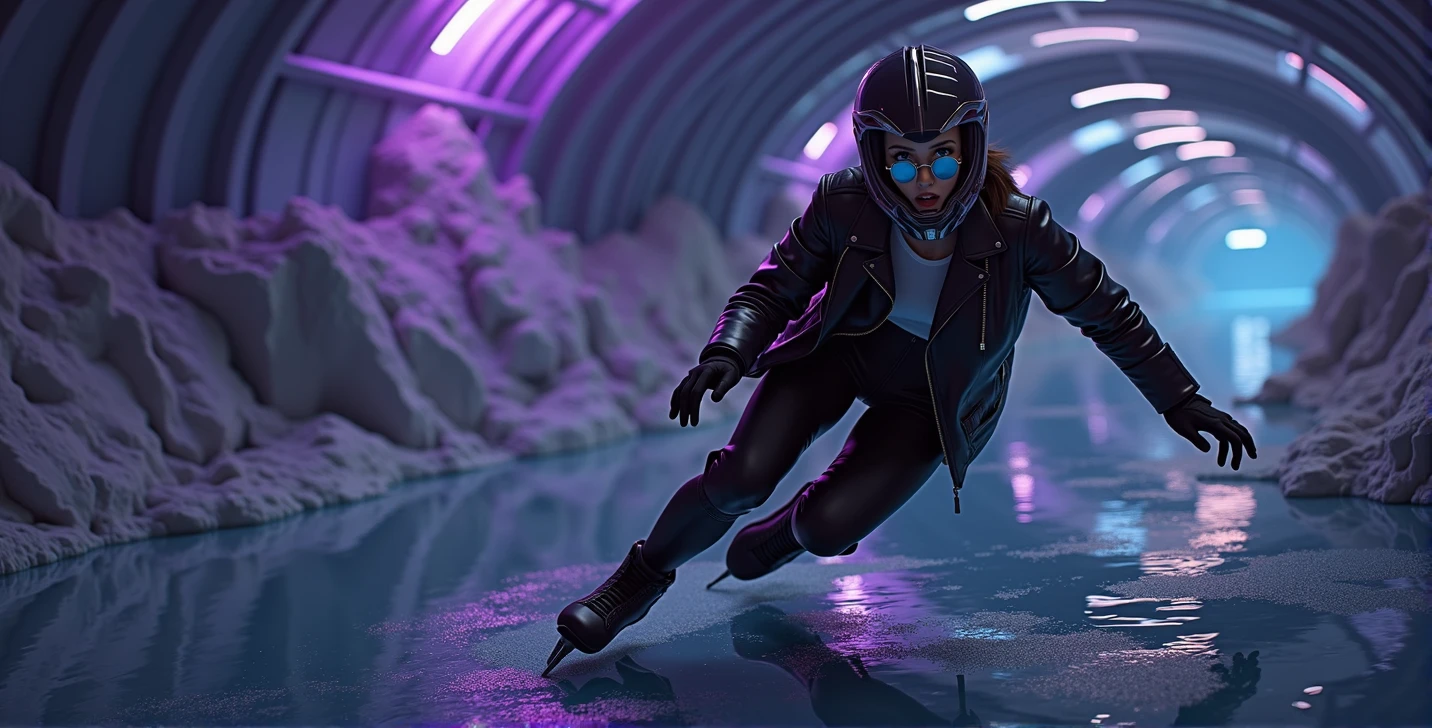 Female ice skater,Wearing a black leather jacket,A futuristic helmet,Glide along the ground,individual,Hyperrealism,Wallpaper quality,Photography style