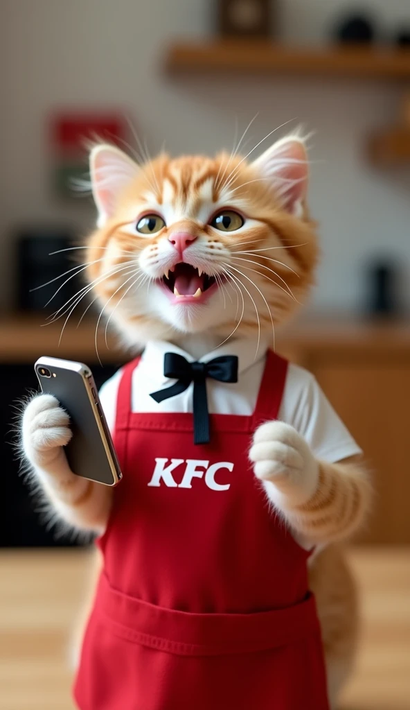 Cute kitten wearing a waiter's apron,(Have a mobile phone,Text on phone:KFC Vme50)