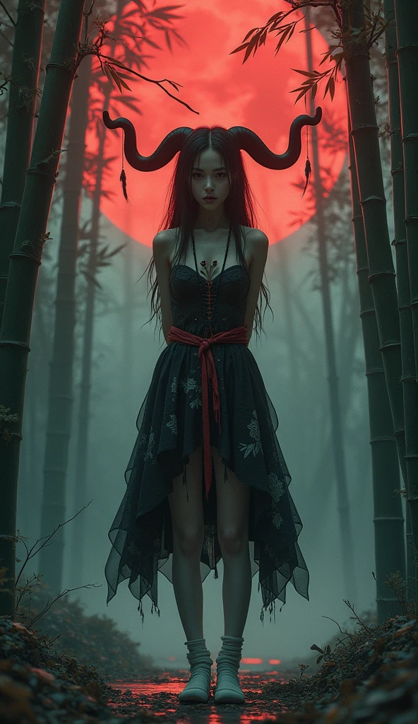 ((masterpiece)),((best quality)),8k,high detailed,ultra-detailed,intricate detail,Illustration,fantasy,surrealism,((1girl:1.2)),Solo,portraying a Chinese-style jiangshi girl,((jiangshigirl costume)),(huangfu paper on head),((jiangshi pose:1.1)),in an ancient bamboo forest background,(red moon:1.2),(tilted angle:1.1),Detailed depiction of the girl in a Jiangshi pose at night,Eerie and mystical atmosphere,Cinematic lighting with the red moon,Visual effects with motion blur and magical elements,Maxon Cinema 4D,
,bondage (Shibari,hands tied behind back:1.5), (Shibari:1.21), ballgag (((hands are tied behind my back))) (((White tights  )))(((drooling)))(((Legs tied tightly)))(((8k super realistic)))(((Cleavage Bulge)))