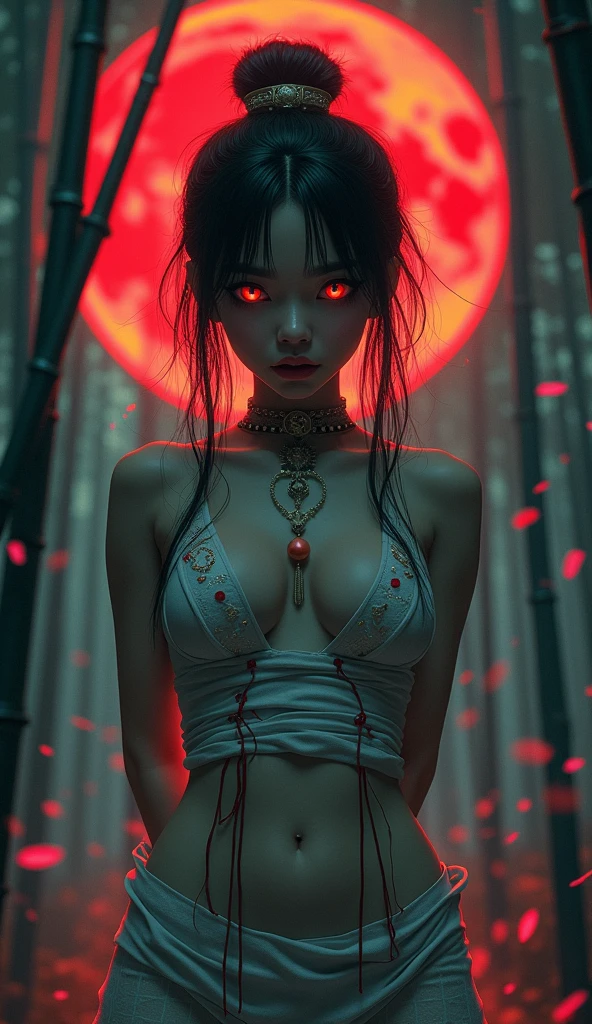 ((masterpiece)),((best quality)),8k,high detailed,ultra-detailed,intricate detail,Illustration,fantasy,surrealism,((1girl:1.2)),Solo,portraying a Chinese-style jiangshi girl,((jiangshigirl costume)),(huangfu paper on head),((jiangshi pose:1.1)),in an ancient bamboo forest background,(red moon:1.2),(tilted angle:1.1),Detailed depiction of the girl in a Jiangshi pose at night,Eerie and mystical atmosphere,Cinematic lighting with the red moon,Visual effects with motion blur and magical elements,Maxon Cinema 4D,
, (Shibaritied behind back:1.5), (Shibari:1.21),g (((hands are hind my back))) (((White tights )))(((drooling)))(((Legs tied tightly)))(((8k super realistic)))(((Cleavage Bulge)))