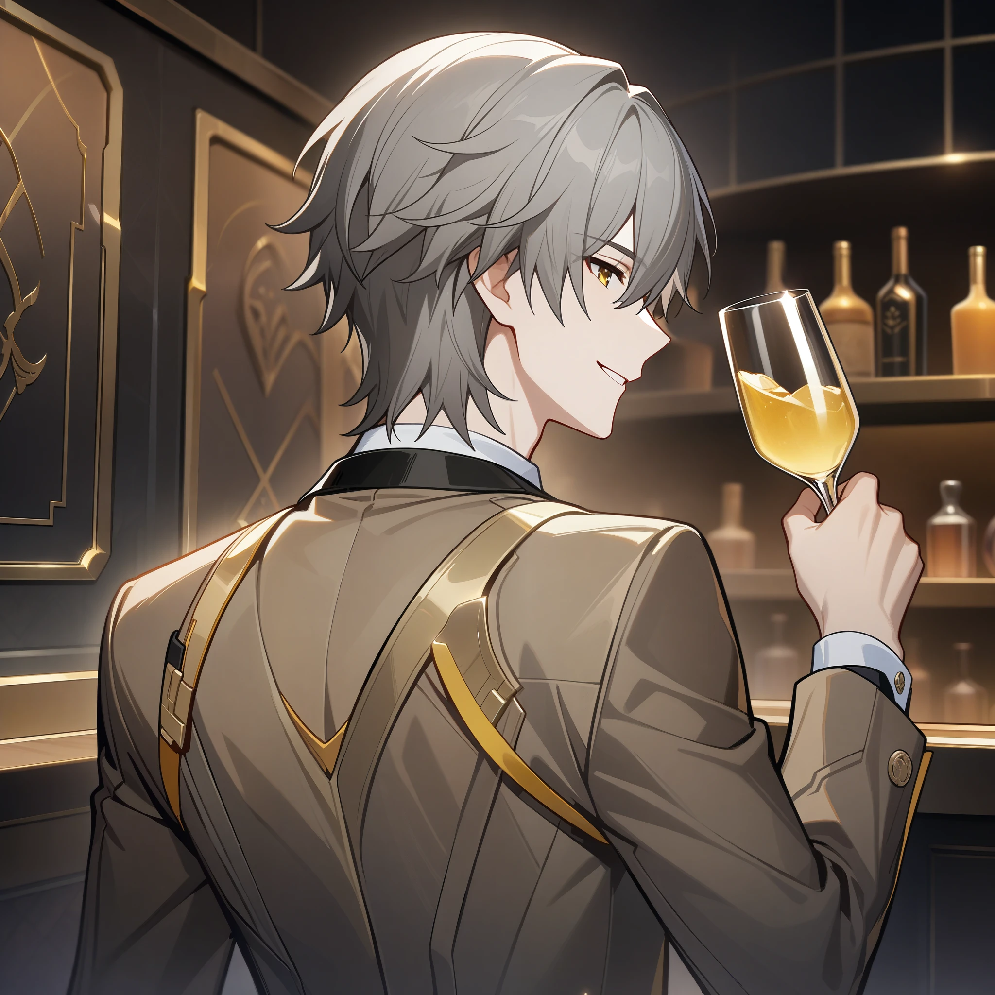 caelus from honkai star rail, 1boy, back turned, over the shoulder, facing camera, head tilted, holding glass, gold eyes, grey hair, handsome face, formal suit, white collar, simple bronze suit, bar background, upper body, decorative, masterpiece, high quality, hd, 4k, upper body, smiling 