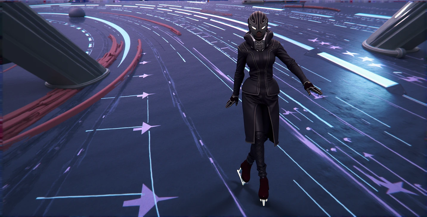 Female ice skater,Wearing a black leather jacket,A futuristic helmet,Glide along the ground,individual,Hyperrealism,Wallpaper quality,Photography style