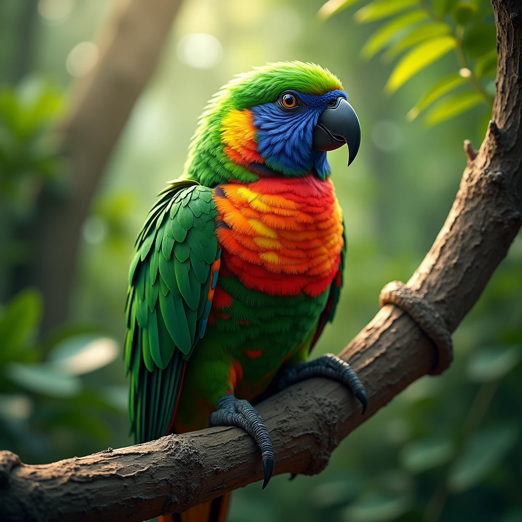 "A vibrant, colorful parrot with bright green feathers and striking red, blue, and yellow accents. It has a curved, sharp beak and expressive, dark eyes. The parrot’s feathers are lush and glossy, and it has a playful, inquisitive posture while perched on a branch."