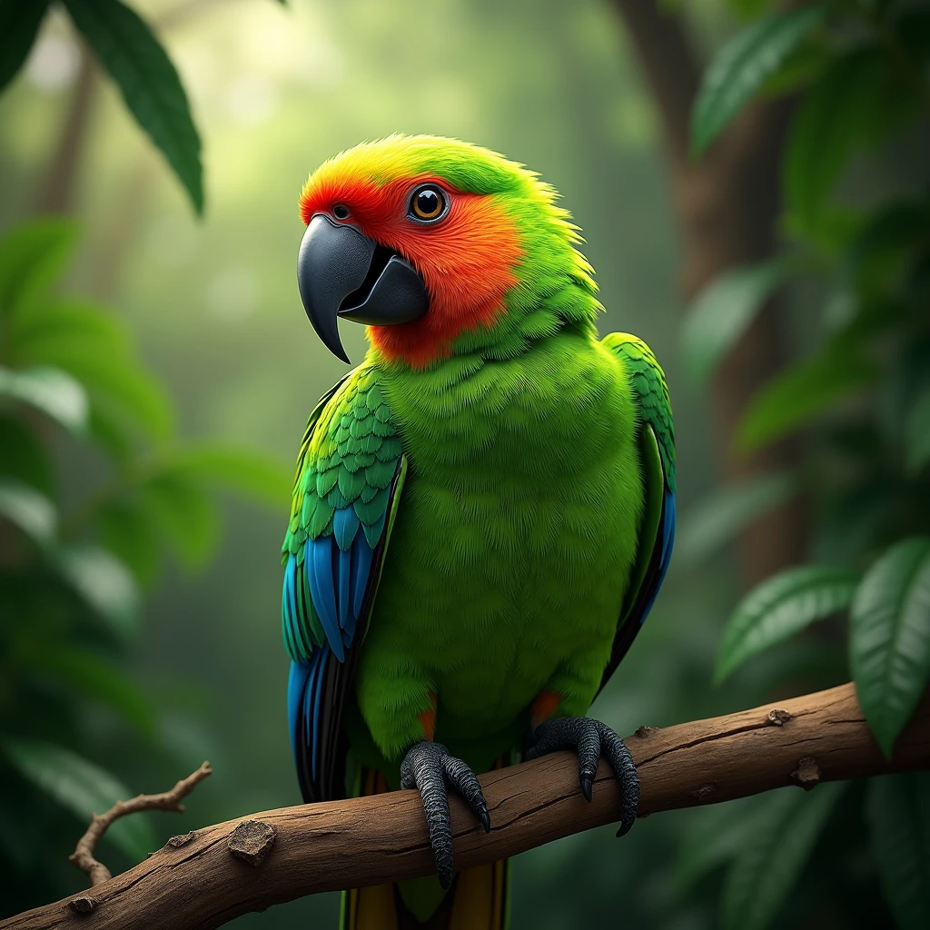 "A vibrant, colorful parrot with bright green feathers and striking red, blue, and yellow accents. It has a curved, sharp beak and expressive, dark eyes. The parrot’s feathers are lush and glossy, and it has a playful, inquisitive posture while perched on a branch."