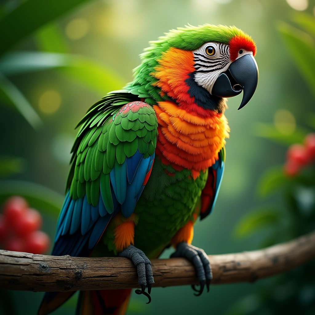 "A vibrant, colorful parrot with bright green feathers and striking red, blue, and yellow accents. It has a curved, sharp beak and expressive, dark eyes. The parrot’s feathers are lush and glossy, and it has a playful, inquisitive posture while perched on a branch."