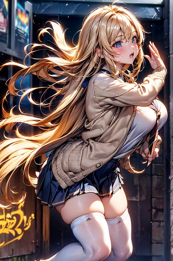 1girl,masterpiece,best quality,blonde hair,(ponytails),blue eyes,(white stockings),(red plaid skirt),short skirt,standing,in full length,medium breasts,white t shirt,in front of streets,extremely detailed,[[realistic]],beautiful alluring anime teen,seductive anime girl,waving skirt