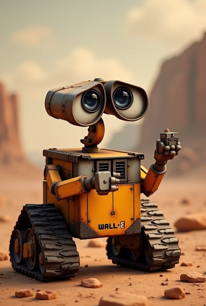 Create a detailed image of Wall-E, the adorable and curious robot. He should have his signature boxy shape with large, expressive eyes, tank-like tracks, and a slightly weathered appearance. The setting can be a desolate, earthy environment, where Wall-E is seen exploring or holding a small object, reflecting his inquisitive nature and love for collecting treasures. The overall mood should be warm and endearing, capturing Wall-E’s charm and personality