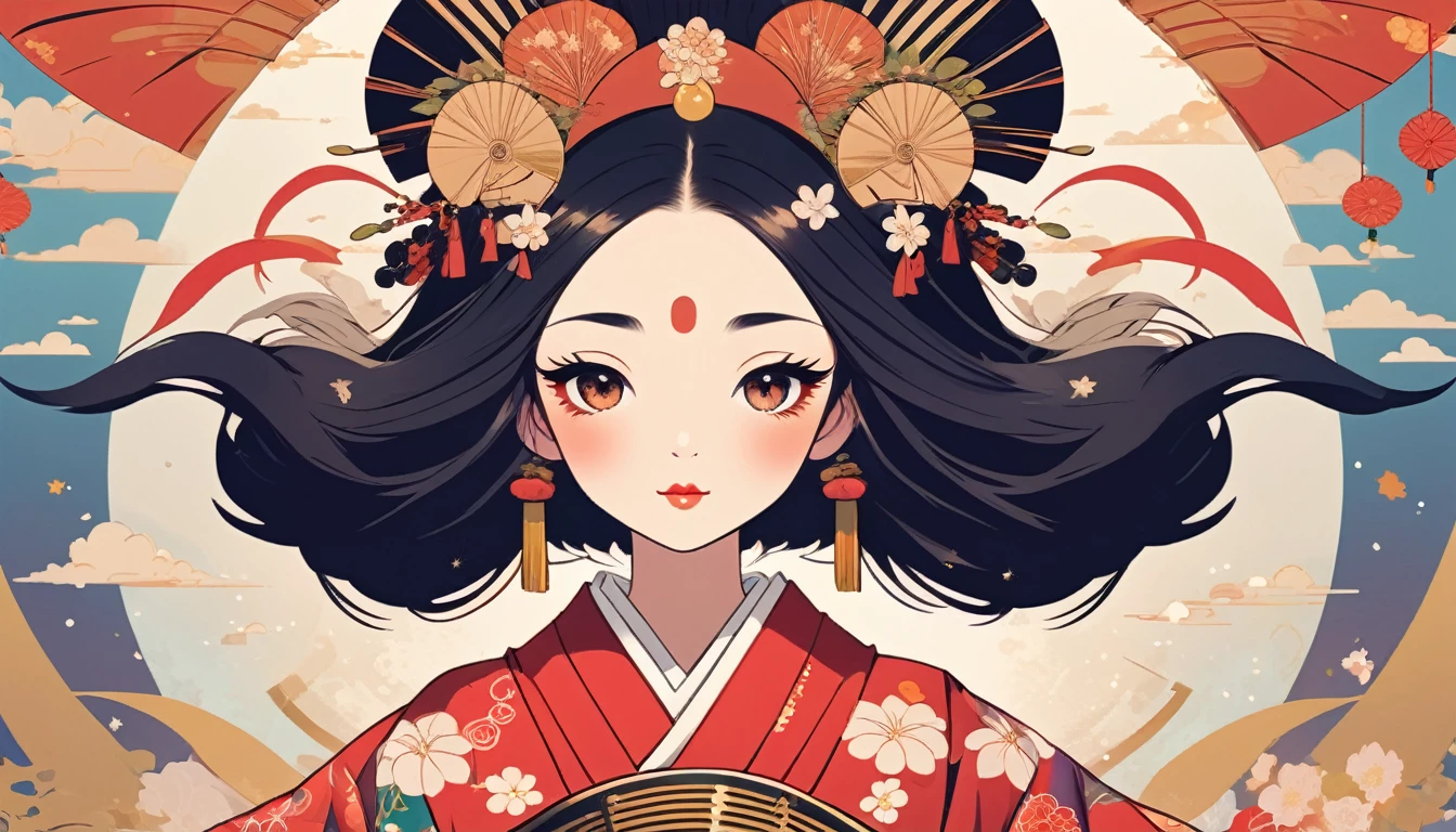 Oiran、fan、Wide-angle lens, Lofi Anime, Lofi illustration, Aesthetic atmosphere, Lo-Fi Style, Vector art, Flat Design, Simple shape, Warm tones, Pleasant atmosphere, Chill, In anime style, Digital drawing, Vector art, Vector logo for t-shirt printing, (Adorable:1.5), (small:1.4), (Playful:1.2), (soft:1.3), (Whimsical:1.1), masterpiece, Highest quality, 8k, Intricate details, grow, Celestial, Mysterious, Picturesque, amazing, Majestic, Magic, Fantasy art, Cover art, dream-like