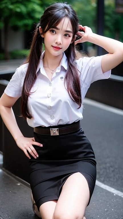 Pretty thai woman solo twin tails hair , (8k, best quality, masterpiece, ultra highres:1.2) Photo of Pretty thai woman beautiful, beautiful enchanting fashion contemporary painting with , (1girl), (white shirt short sleeves), ((black pencil skirt)), belt , realistic skin texture , round chin, 85 mm art lens, f 1. 2, sharp focus, 8 k high definition, insanely detailed, intricate, elegant, large breasts, big breasts , black skirt 